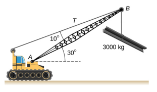 Figure is a schematic drawing of a crane lifting a 3000-kg load. Arm of a crane forms a 30 degree angle with the line parallel to the ground. Cable supporting load forms a 10 degree angle with the arm.