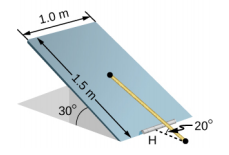 Figure is a schematic drawing of a trapdoor that is 1.0 m by 1.5 m. Door is supported by a single hinge labeled H, and by a light rope tied between the middle of the door and the floor. The door makes a 30 degree angle with the floor and the rope makes a 20 degree angle with the floor.