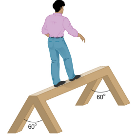 该图是一个男子在锯马上行走的示意图。 锯马的两侧由两条相连的腿支撑。 两腿之间有 60 度的角度。