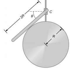 该图显示了一根长度为 2R 且质量均匀的杆，M 附着在小项圈 C 上，位于半径为 R 的圆柱表面上。项圈与平行于地面的直线之间的角度为 theta。