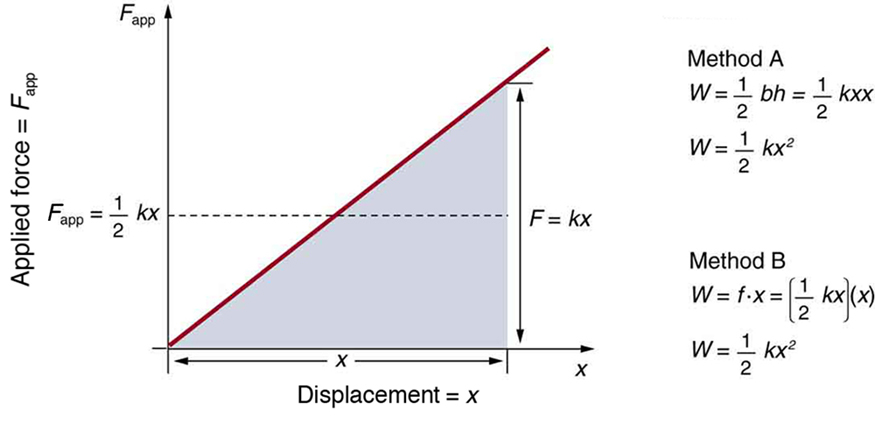 O gráfico aqui representa a força aplicada, dada ao longo do eixo y, versus deformação ou deslocamento, dada ao longo do eixo x. A inclinação é inclinada linear e a área da inclinação é coberta entre o eixo x e a inclinação, dada por F é igual a k multiplicado por x, onde k é constante e x é deslocamento. A força aplicada ao longo do eixo y é dada pela metade de k multiplicada por x. Junto com o gráfico, dois métodos são fornecidos para calcular o peso, W. O primeiro método fornece a solução multiplicando metade de b multiplicado por h, enquanto no segundo podemos obter a solução multiplicando f por x.
