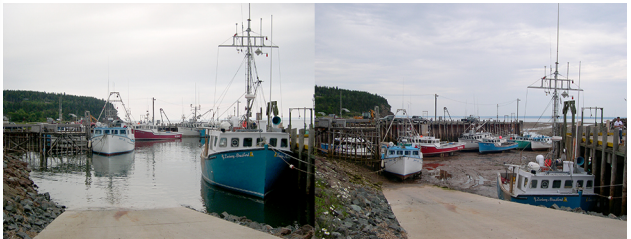 Two photos of the same marina at the Bay of Fundy and appear to be taken from the same location. The photo on the left was taken when the water is high, the water line is nearby and the boats are all floating in the water. The photo on the right was taken when the water is low. The water line is quite distant and the boats are resting on mud.