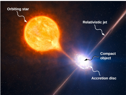 Illustration de l'accrétion d'une étoile en orbite par un objet compact. Une grande étoile est représentée à proximité d'un petit objet compact. La matière lumineuse est extraite de l'étoile et introduite dans une spirale, étiquetée disque d'accrétion, encerclant l'objet compact. Une ligne claire perpendiculaire au disque s'étend à partir du centre de l'objet compact, au-dessus et en dessous, et est appelée jet relativiste.