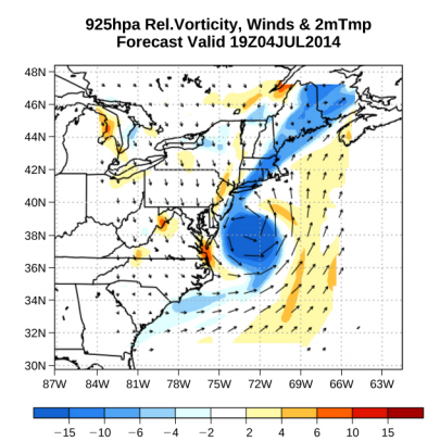 A figura é um mapa de pressão do furacão Arthur viajando pela costa leste. O centro de baixa pressão é indicado como o ponto azul. A velocidade do vento é mais alta perto do centro de baixa pressão, com os ventos se movendo no sentido anti-horário ao redor dele.