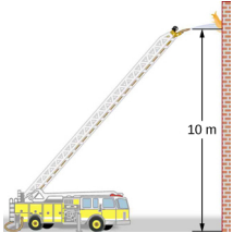 Figure is a drawing of the fire truck with the extended ladder. Fireman on the top of the ladder uses hose to extinguish the fire. The flow of water from the hose is parallel to the ground and is 10 meters above it.