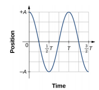 A graph of the position on the vertical axis as a function of time on the horizontal axis. The vertical scale is from – A to +A and the horizontal scale is from 0 to 3/2 T. The curve is a cosine function, with a value of +A at time zero and again at time T.