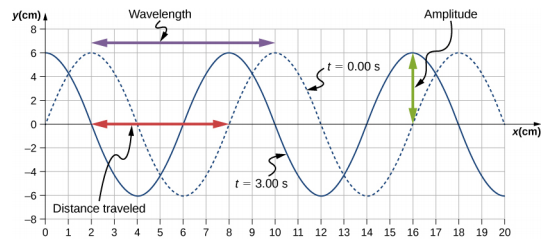 Figure shows two transverse waves whose y values vary from -6 cm to 6 cm. One wave, marked t=0 seconds is shown as a dotted line. It has crests at x equal to 2, 10 and 18 cm. The other wave, marked t=3 seconds is shown as a solid line. It has crests at x equal to 0, 8 and 16 cm. The horizontal distance between two consecutive crests is labeled wavelength. This is from x=2 cm to x=10 cm. The vertical distance from the equilibrium position to the crest is labeled amplitude. This is from y=0 cm to y=6 cm. A red arrow is labeled distance travelled. This is from x=2 cm to x=8 cm.