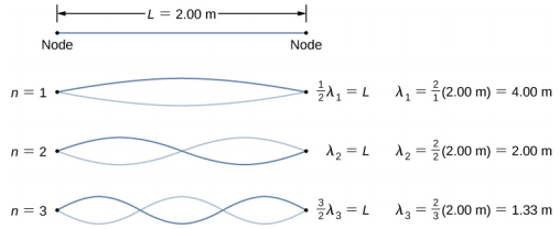 图中显示了长度为 L=2 m 的字符串中的三位数字。 每个都有两个波浪。 第一个有 1 个节点。 它被标记为半 lambda 1 = L，lambda 1 = 2 x 1 乘以 2 m = 4 m。第二个图有 2 个节点。 它被标记为 lambda 2 = L，lambda 2 = 2 乘 2 倍 2 m = 2 m。第三个图有三个节点。 它被标记为 3 乘 2 倍 lambda 3 = L，lambda 3 = 2 x 3 倍 2 m = 1.33 m。