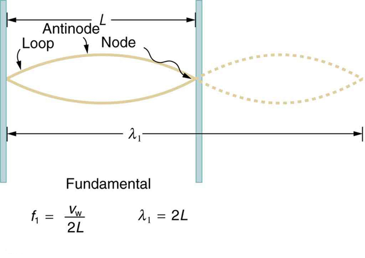 O gráfico mostra uma onda com comprimento de onda lambda um igual a L, que tem dois loops. Há três nós e dois antinodes na figura. O comprimento de um loop é L.