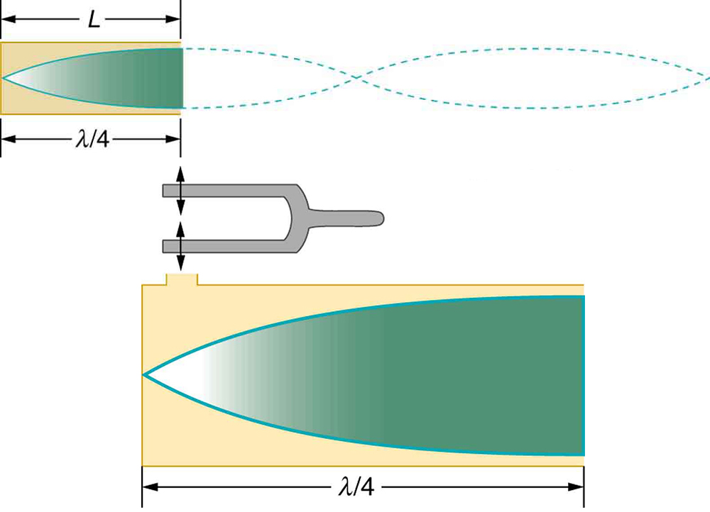 Um cone de ondas de ressonância refletido na extremidade fechada do tubo é mostrado. É mostrado que um diapasão vibra em uma pequena abertura acima da extremidade fechada do tubo. O comprimento do tubo L é dado como igual a lambda dividido por quatro.