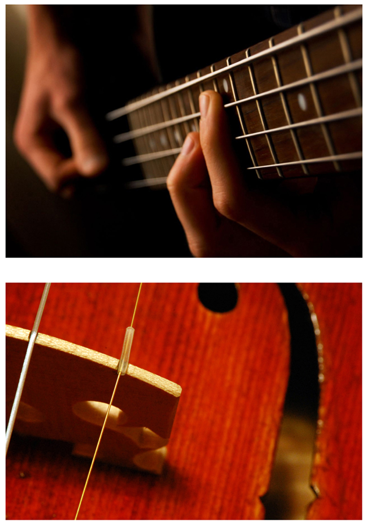 A primeira fotografia é de uma pessoa tocando violão e a segunda foto é de um violino.