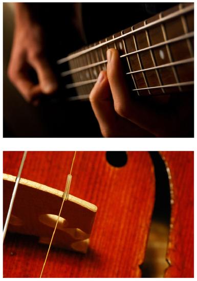 First photograph is of a person playing the guitar and the second photograph is of a violin.