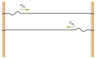 图中显示了两根连接在两极之间的绳子。 波浪在顶部字符串中从左向右传播，速度为 v 下标 w1。 波浪在底部字符串中从右向左传播，速度为 v 下标 w2。