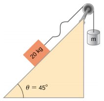 Figure shows a slope of 45 degrees going up and right. A mass of 20 kg rests on it. This is supported by a string, which goes over a pulley at the top of the slope. A mass m hangs from it on the other side. A wave is shown in the string.