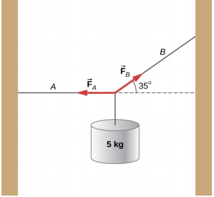 两端都支持字符串。 左支撑低于右支撑。 5 kg的质量悬浮在其中心处。 从左支撑到中心的绳子部分是水平的，标有 A。从右支撑到中心的绳子部分标有 B。它与水平方向成了 35 度的角度。 标有 F 下标 A 和 F 下标 B 的箭头来自字符串的中心，沿着绳子分别指向左支撑和右支撑。