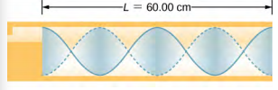 图为 60 厘米长的管道中的波浪示意图。 一个管中有两个波长。 最大空气排量位于管道的末端。