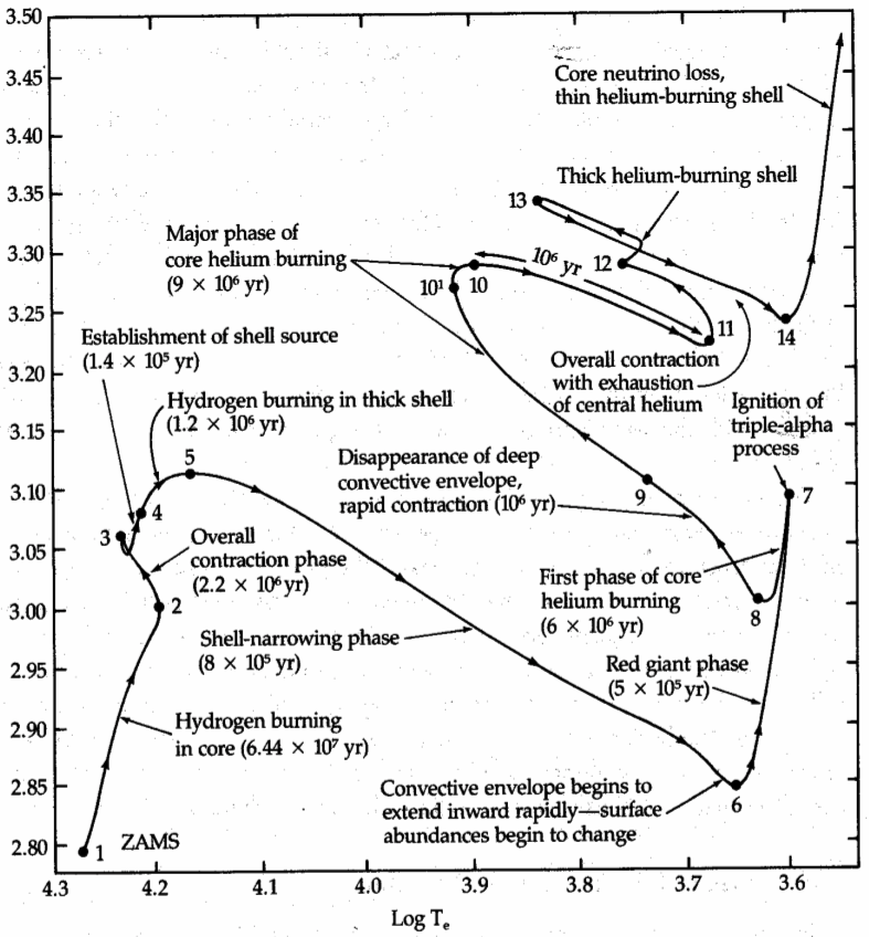 Figure 5.2 delineates the evolution of a 5M⊙ star from its arrival on the main sequence through its demise at the onset on carbon burning23. The labeled points are points of interest discussed in the chapter and their duration, place in the stellar lifetime, and the significant physical process taking place are given in Table 5.1.