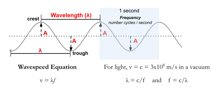 Wave diagram showing wavelength, amplitude, and frequency for comparing wave properties.