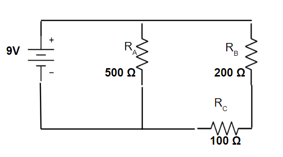 Circuit with multiple resistors and junctions for applying Ohm’s relation and current rules.