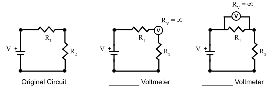 Original circuit and two voltmeter configurations showing series and parallel placement.