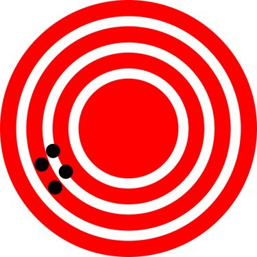 Um padrão semelhante a um tabuleiro de dardos com alguns círculos concêntricos mostrados na cor branca em um fundo vermelho. Perto dos círculos brancos mais externos, há quatro pontos pretos mostrando as posições de um restaurante. Os pontos negros estão muito próximos uns dos outros.