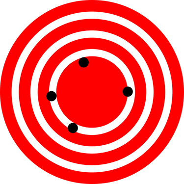 Um padrão semelhante a um tabuleiro de dardos com alguns círculos concêntricos mostrados na cor branca em um fundo vermelho. No círculo mais interno, há quatro pontos pretos na circunferência mostrando as posições de um restaurante. Eles estão distantes um do outro.