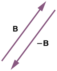 Dois vetores são mostrados. Um dos vetores é rotulado como vetor na direção nordeste. O outro vetor tem a mesma magnitude e está na direção oposta à do vetor B. Esse vetor é denotado como negativo B.