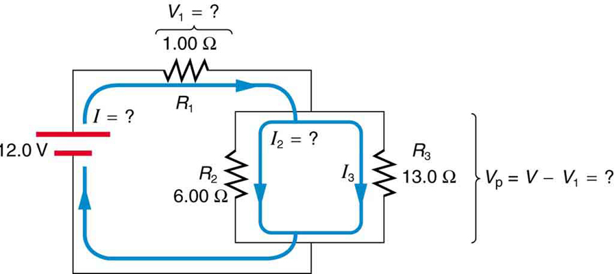 Diagrama de circuito no qual uma bateria de doze pontos zero volts é conectada a uma combinação de três resistores. Os resistores R sub dois e R sub três são conectados em paralelo um ao outro, e sua combinação é conectada em série ao resistor R sub um. R sub um tem uma resistência de um ponto zero zero ohms, R sub dois tem uma resistência de seis pontos zero zero ohms, e R sub três tem uma resistência de treze ponto zero ohms.