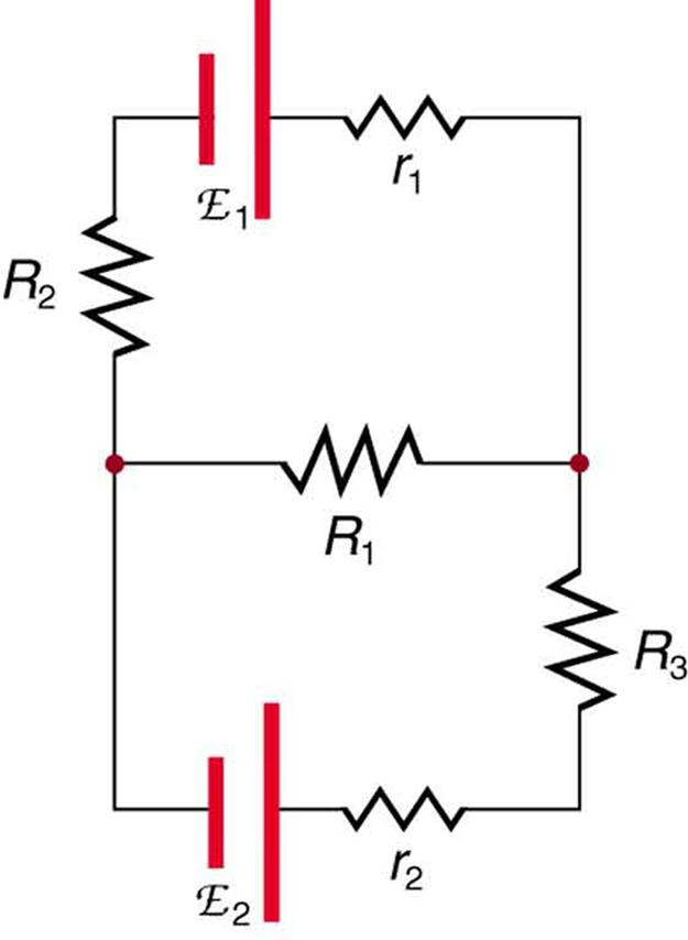 Um diagrama de circuito complicado mostra várias resistências e fontes de tensão conectadas em série e em paralelo. O circuito tem três braços. O primeiro tem uma célula de e m f script E sub um e resistência interna r sub um em série com um resistor R sub dois. A segunda tem uma célula de e m f script E sub dois e resistência interna r sub dois em série com resistor R sub três. O terceiro braço tem um resistor R sub one. Os três braços estão conectados em paralelo.