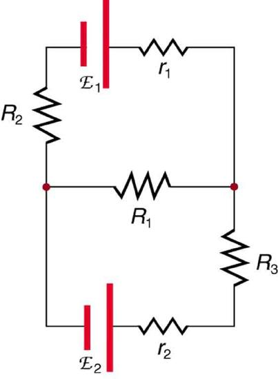 A complicated circuit diagram shows multiple resistances and voltage sources wired in series and in parallel. The circuit has three arms. The first has a cell of e m f script E sub one and internal resistance r sub one in series with a resistor R sub two. The second has a cell of e m f script E sub two and internal resistance r sub two in series with resistor R sub three. The third arm has a resistor R sub one. The three arms are connected in parallel.