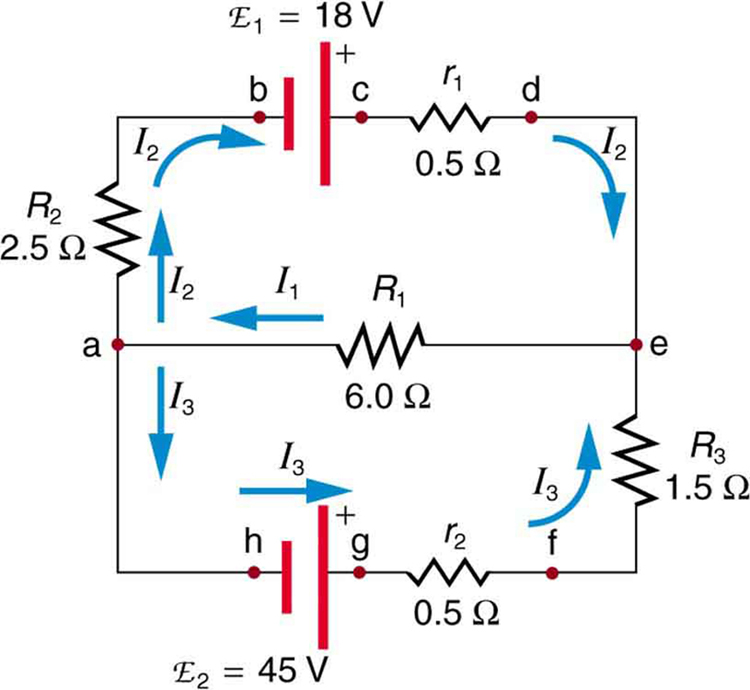 O diagrama mostra um circuito complexo com duas fontes de tensão E sub uma e E sub duas e várias cargas resistivas, conectadas em dois loops e duas junções. Vários pontos no diagrama são marcados com as letras de a a h. A corrente em cada ramificação é rotulada separadamente.
