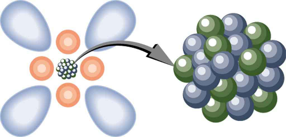 Um modelo de átomo é mostrado. O átomo é mostrado como um aglomerado de pequenas bolas esféricas no centro, representando o núcleo, cercado por nuvens de elétrons esféricas e em forma de halteres. Uma visão ampliada do núcleo é mostrada como um monte de pequenas bolas esféricas.