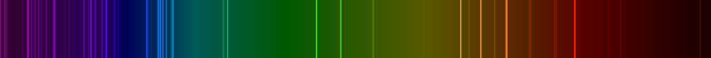 Emission spectrum of oxygen is shown as a band containing all colors with some distinct colors as discrete bold lines.