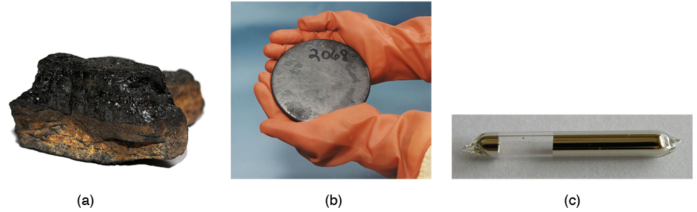A primeira imagem mostra um pedaço de carvão. A segunda imagem mostra um par de mãos segurando um disco de urânio metálico. A terceira imagem mostra um tubo de vidro cilíndrico contendo césio marrom-prateado.