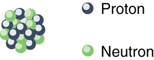 Esta figura mostra um grupo de pequenos objetos esféricos verdes e azuis colocados muito próximos uns dos outros formando uma esfera maior representando o núcleo. As esferas azuis são rotuladas como prótons e as esferas verdes são rotuladas como nêutrons.