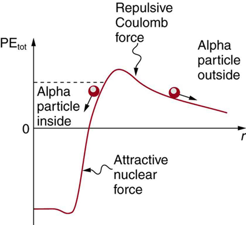 A imagem mostra a curva de energia potencial. A curva começa do eixo Y negativo para o eixo Y positivo e as partículas alfa são mostradas presas dentro do núcleo devido à força nuclear atraente. As partículas alfa fora do alcance da força nuclear experimentam a força repulsiva de Coulomb que as mantém fora do núcleo.