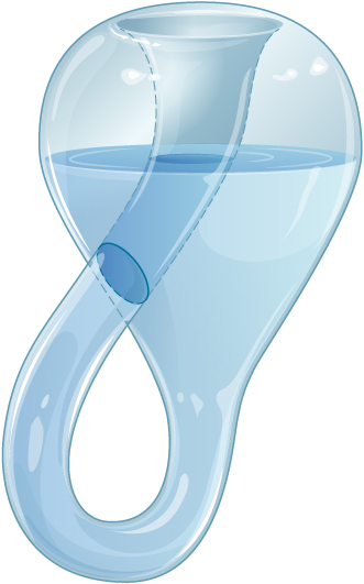 A figura mostra uma garrafa que parece um frasco invertido cujo gargalo é alongado, dobrado para cima, torcido, levado para dentro da garrafa e unido à sua base, tendo assim apenas uma superfície.