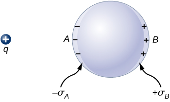 Figure shows a sphere and a positive charge q some distance away from it. The side of the sphere facing q is labeled A and the opposite side is labeled B. Minus signs and plus signs are shown at the inner surfaces of the sphere on sides A and B respectively. These are labeled minus sigma A and plus sigma B respectively.
