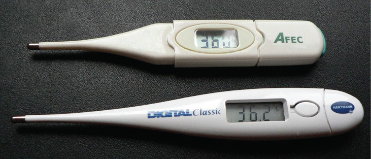 Picture is a photograph of two digital oral thermometers.