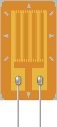 A imagem é um desenho esquemático de um dispositivo de extensômetro que consiste no padrão condutor depositado na superfície isolada. Os contatos de metal são feitos nas duas grandes almofadas na origem do padrão condutor.