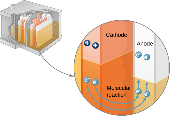 A figura mostra o cátodo e o ânodo de uma célula e o fluxo de elétrons do cátodo para o ânodo.