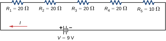 A figura mostra quatro resistores de 20 Ω e um resistor de 10 Ω conectados em série a uma fonte de tensão de 9 V.