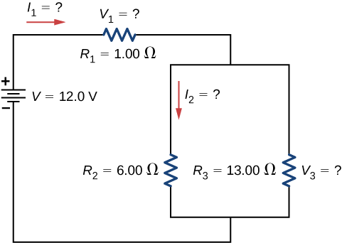 A figura mostra um circuito com três resistores e uma fonte de tensão. O terminal positivo da fonte de tensão de 12 V é conectado a R subscrito 1 de 1 Ω com corrente esquerda I subscrito 1 conectado a dois resistores paralelos R subscrito 2 de 6 Ω com corrente descendente I subscrito 2 e R subscrito 3 de 13 Ω