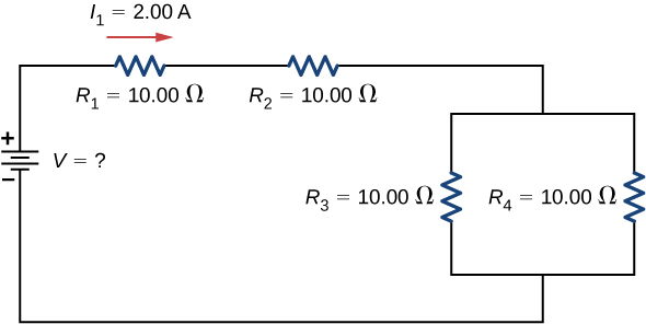 The figure shows a circuit with four resistors and a voltage source. The positive terminal of voltage source is connected to resistor R subscript 1 of 10 Ω with right current I subscript 1 of 2 A connected in series to resistor R subscript 2 of 10 Ω connected in series to two parallel resistors R subscript 3 of 10 Ω and R subscript 4 of 10 Ω