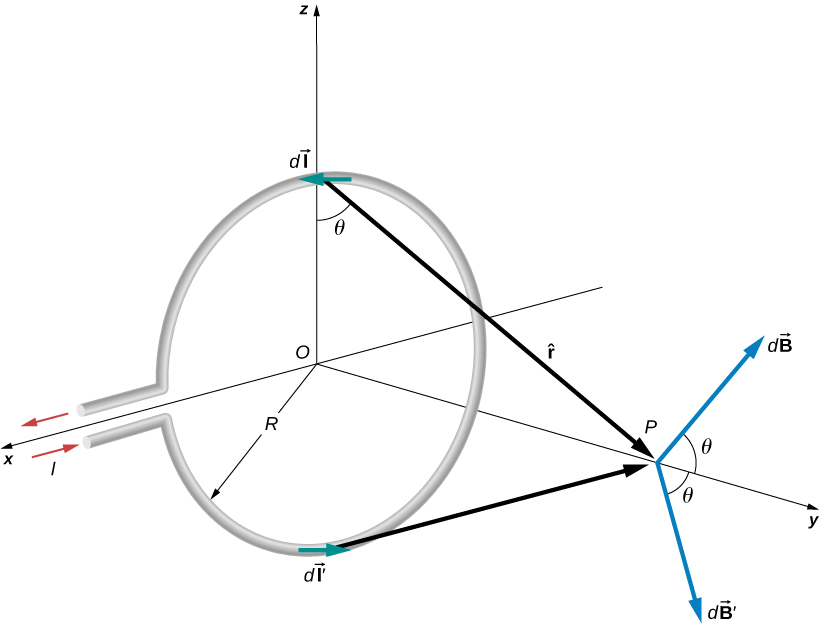 A figura mostra um circuito circular de raio R que carrega uma corrente I e fica no plano xz. O ponto P está localizado acima do centro do loop. Theta é o ângulo formado por um vetor do loop até o ponto P e o plano do loop. É equivalente ao ângulo formado pelo vetor dB a partir do ponto P e do eixo y.