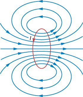A figura mostra as linhas do campo magnético de um circuito de corrente circular. Uma linha de campo segue o eixo do loop. Muito próximas ao fio, as linhas de campo são quase circulares, como as linhas de um fio longo e reto.