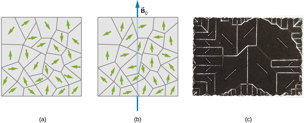 Picture a shows small randomly oriented domains in the unmagnetized piece of the ferromagnetic sample. Picture b shows small partially aligned domains upon the application of a magnetic field. Figure c shows domains of a single crystal of nickel. Clear domain boundaries are visible.