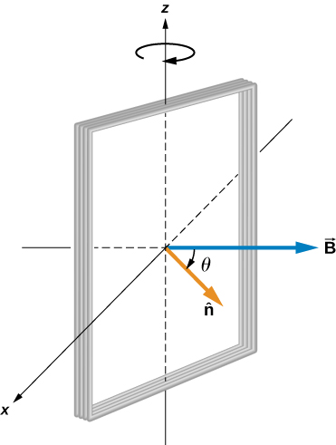 La figure montre une bobine rectangulaire tournant dans un champ magnétique uniforme.