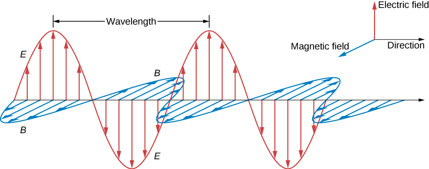 La figure montre la direction x positive comme direction de propagation. La direction y positive est appelée champ électrique et la direction z positive est étiquetée champ magnétique. Une onde sinusoïdale dans le plan xy est étiquetée E. Les flèches du champ électrique ont leurs bases sur l'axe x et leurs pointes sur l'onde E. Une autre onde sinusoïdale marquée B se trouve dans le plan xz. Les flèches du champ magnétique ont leurs bases sur l'axe x et leurs pointes sur l'onde B. Les ondes E et B ont la même longueur d'onde et sont en phase l'une avec l'autre.