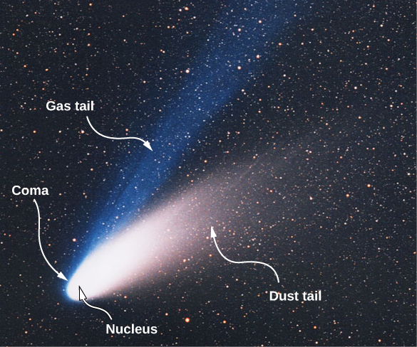 La figure montre une comète avec une partie blanche brillante étiquetée noyau. La partie qui l'entoure s'appelle coma. Deux queues rayonnent d'ici. Ils sont étiquetés queue de gaz et queue de poussière.